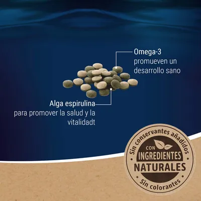Pastillas con alga espirulina y omega-3. Texto: 'Alga espirulina para promover la salud y la vitalidad', 'Omega-3 promueven un desarrollo sano'. Sello: ingredientes naturales, sin colorantes.