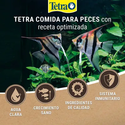 Tetra comida para peces con receta optimizada. Agua clara, crecimiento sano, ingredientes de calidad, sistema inmunitario. Imagen de dos peces en acuario con plantas.
