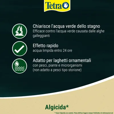 Immagine di testo con informazioni sul prodotto: Chiarisce l'acqua, effetto rapido, adatto per laghetti ornamentali con pesci, piante e microrganismi. Non adatto agli storioni. Alghicida. Immagine di testo con informazioni sul prodotto: Chiarisce l'acqua, effetto rapido, adatto per laghetti ornamentali con pesci, piante e microrganismi. Non adatto agli storioni. Alghicida.
