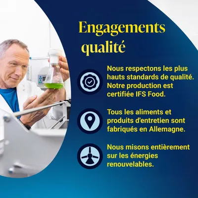 Engagement de qualité : production certifiée selon la norme IFS Food, tous les produits fabriqués en Allemagne, utilisation complète des énergies renouvelables. Engagement de qualité : production certifiée selon la norme IFS Food, tous les produits fabriqués en Allemagne, utilisation complète des énergies renouvelables.