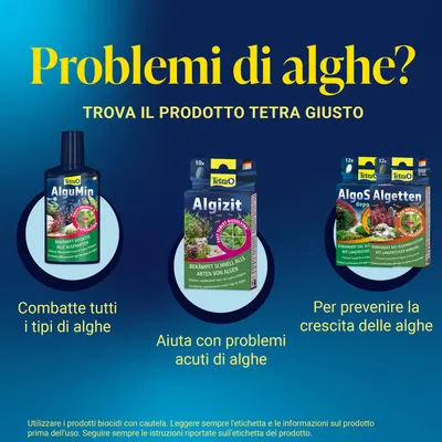 Tetra AlguMin combatte efficacemente tutti i tipi di alghe, Tetra Algizit elimina rapidamente tutte le varietà di alghe, Tetra AlgoS Algetten previene la crescita delle alghe. Tetra AlguMin combatte efficacemente tutti i tipi di alghe, Tetra Algizit elimina rapidamente tutte le varietà di alghe, Tetra AlgoS Algetten previene la crescita delle alghe.