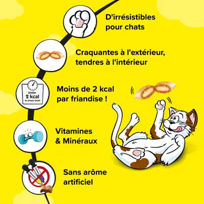 D'irrésistibles pour chats, craquantes à l'extérieur, tendres à l'intérieur, moins de 2 kcal par friandise, vitamines et minéraux, sans arôme artificiel.