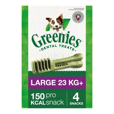 Greenies Dental Treats Large 23 kg+, 150 kcal pe snack, 4 snacks. Imagine baton dentar verde cu inscripția Greenies. Sigiliu VOHC vizibil pe ambalaj.