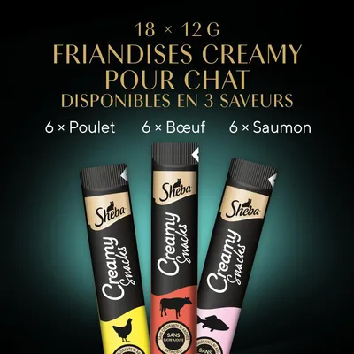 Sheba Creamy Snacks friandises pour chat, 18 × 12 g, 3 saveurs : 6 poulet, 6 bœuf, 6 saumon. Sans colorants ni sucre ajouté. Texte en français.