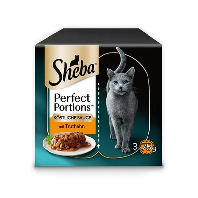 Sheba Perfect Portions KÖSTLICHE SAUCE mit Truthahn, boîte de 3 x 75 g, image d’un plat de nourriture pour chat et d’un chat gris. Texte en allemand.