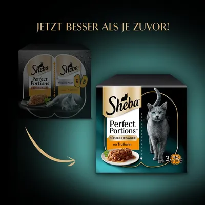 Sheba Perfect Portions ízletes szósz pulykával, Friss csomag x6, most jobb, mint valaha. A csomagoláson macska és 37,5 g-os adagok láthatók.