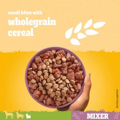 Bowl of small bites with wholegrain cereal, showing a serving suggestion for a mixer product. Text highlights 'small bites with wholegrain cereal'.
