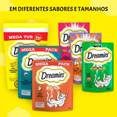 Vários pacotes Dreamies para gatos, sabores visíveis: queijo, salmão, frango, vaca, pato e catnip. Embalagens Mega Tub 350 g, Mega Pack 200 g e saquetas de 60 g.