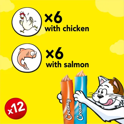 Pack contains 12 creamy treats: 6 with chicken and 6 with salmon, shown with cartoon images of a chicken, a fish, and two treat sticks.