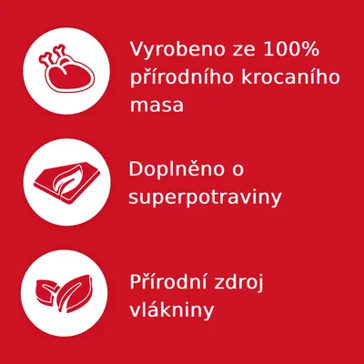 Vyrobeno ze 100% přírodního krůtího masa. Doplněno o superpotraviny. Přírodní zdroj vlákniny.