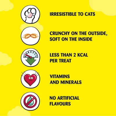Irresistible to cats, crunchy on the outside and soft on the inside, less than 2 kcal per treat, contains vitamins and minerals, no artificial flavours.