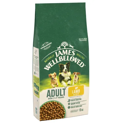 James Wellbeloved Adult Lamb and Rice, 15kg. For dogs aged 1-7 years. Highlights: healthy digestion, immune system support, healthy skin and coat, hypoallergenic, recyclable packaging.