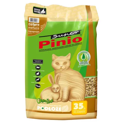 Super Pinio puupohjainen kuivike, 100 % luonnollinen, sopii kissoille, kaneille ja muille pieneläimille. Pakkauskoko: 35 l.