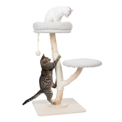 Árbol rascador de madera con dos superficies acolchadas para descansar, poste rascador de sisal y pelota de juego. Dos gatos muestran su uso.