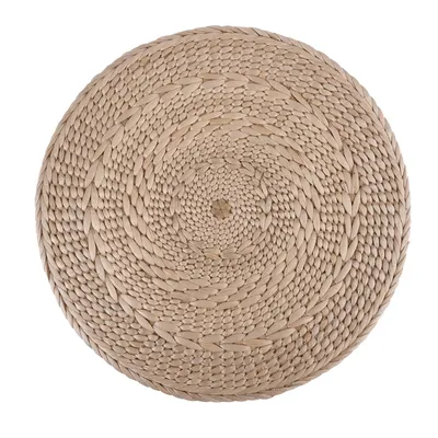Round braided rug made from natural materials in light beige with circular pattern.