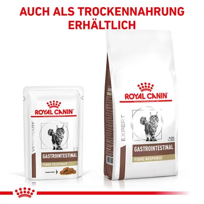 Royal Canin Gastrointestinal Fibre Response für Katzen, erhältlich als Nass- und Trockenfutter. Verpackungen mit Produktnamen und Katze abgebildet.