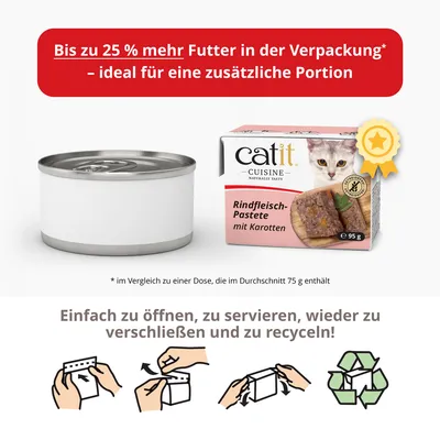 Catit Cuisine Rindfleisch-Pastete mit Karotten, 95g. Bis zu 25% mehr Futter in der Verpackung, ideal für eine zusätzliche Portion. Einfach zu öffnen, servieren, verschliessen und recyceln.