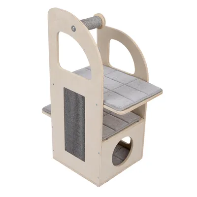 Cat tree made of wood with two padded lying areas, sisal scratching surface and cave. Integrated scratching roll on top.