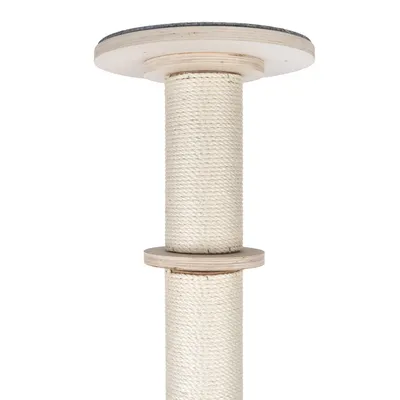 Scratching post made of light wood wrapped with sisal, upper and middle platforms visible.