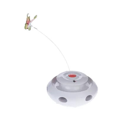 Elektronisches Spielzeug mit rundem weissen Gehäuse, rotem Knopf und beweglichem Schmetterling an einer flexiblen Stange.