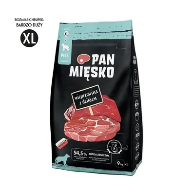 Sac Pan Mięsko, texte polonais : wieprzowina z dzikiem, 54,5 %, hypoallergiczna, 9 kg, croquettes très grandes XL pour chien adulte. Texte non traduit visible sur l’emballage.