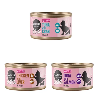 Cosma Asia Kitten Nassfutter in Jelly: Thunfisch mit Krabbe, Huhn mit Leber, Thunfisch mit Lachs. Dosen mit pinkem Design und Katzenmotiv.