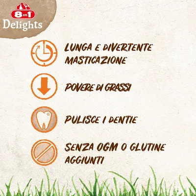 8in1 Delights. Lunga e divertente masticazione, povere di grassi, pulisce i denti, senza OGM o glutine aggiunti.