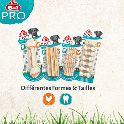 4 paquets de friandises dentaires pour chien 8in1 PRO, formes et tailles variées, poulet visible sur l’emballage, texte : Différentes Formes & Tailles, icônes poulet et dent.