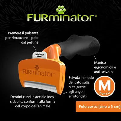 FURminator, dentini curvi in acciaio inox, manico ergonomico e anti-scivolo, pulsante per rimuovere il pelo, misura M 9–23 kg, per pelo corto (sino a 5 cm), angoli arrotondati.