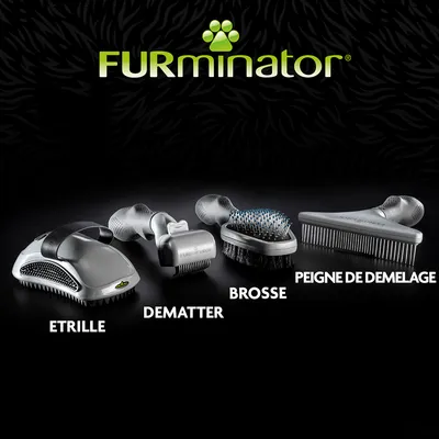 FURminator – étrille, dematter, brosse et peigne de démêlage alignés, noms visibles sous chaque accessoire de toilettage pour animaux.