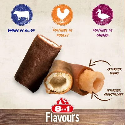 Friandises 8in1 Flavours avec viande de bœuf, poitrine de poulet et de canard. Extérieur tendre, intérieur croustillant. Marque 8in1 visible en bas de l’image.