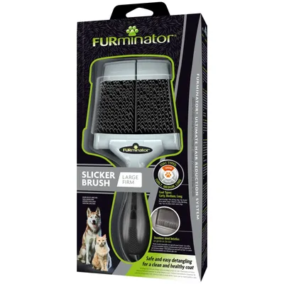 Escova FURminator Slicker Brush Large Firm para pelagens encaracoladas, médias e longas. Cerdas de aço inoxidável. Imagem de dois cães na embalagem. Texto em inglês visível.