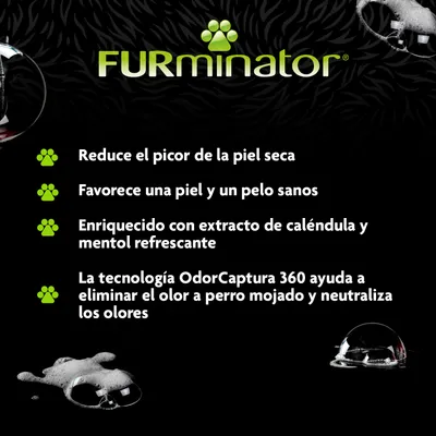 FURminator. Reduce el picor de la piel seca, favorece una piel y pelo sanos, enriquecido con caléndula y mentol, tecnología OdorCaptura 360 elimina olor a perro mojado y neutraliza olores.