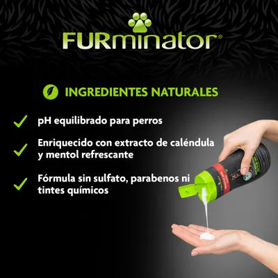 FURminator. Ingredientes naturales: pH equilibrado para perros, extracto de caléndula y mentol refrescante, sin sulfato, parabenos ni tintes químicos. Imagen de champú vertido en la mano.
