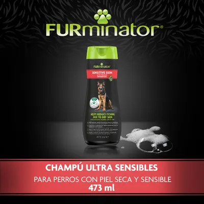 Champú Furminator Sensitive Skin para perros con piel seca y sensible, 473 ml. Texto: ayuda a reducir el picor por sequedad. Imagen de un perro en el envase.