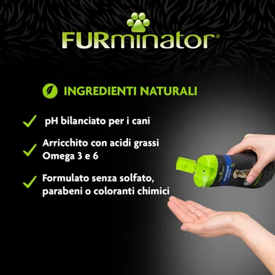 FURminator. Ingredienti naturali: pH bilanciato per i cani, arricchito con acidi grassi Omega 3 e 6, formulato senza solfato, parabeni o coloranti chimici.