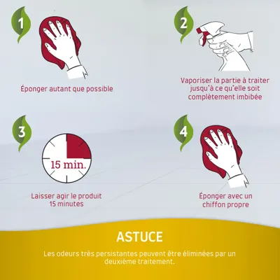 Étapes d’utilisation : 1. Éponger autant que possible, 2. Vaporiser jusqu’à imbibation, 3. Laisser agir 15 min, 4. Éponger avec un chiffon propre. Astuce : traiter deux fois si odeur persistante.