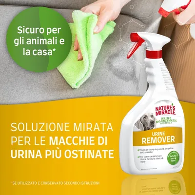 Nature's Miracle Urine Remover, soluzione mirata per le macchie di urina più ostinate. Sicuro per gli animali e la casa. Flacone spray con etichetta visibile.