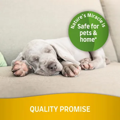 Nature's Miracle is Safe for pets & home*, QUALITY PROMISE. Tekst in het Engels zichtbaar op de afbeelding.