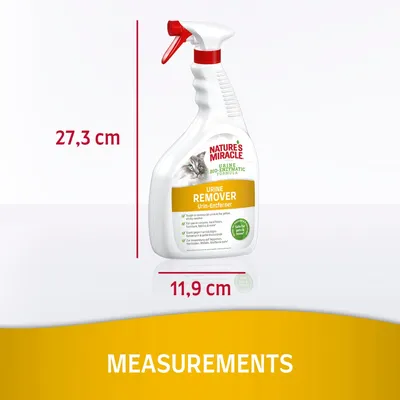 Nature's Miracle Urine Remover spray bottle, visible measurements: height 27,3 cm, width 11,9 cm. Label shows cat image and text in English and German.