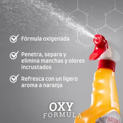 Fórmula oxigenada. Penetra, separa y elimina manchas y olores incrustados. Refresca con un ligero aroma a naranja. OXY FORMULA visible en la imagen.