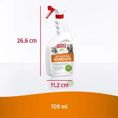 Nature's Miracle Oxy Formula Odstraňovač zaschlých skvrn, láhev vysoká 26,6 cm, široká 11,2 cm, obsah 709 ml. Nature's Miracle Oxy Formula Odstraňovač zaschlých skvrn, láhev vysoká 26,6 cm, široká 11,2 cm, obsah 709 ml.