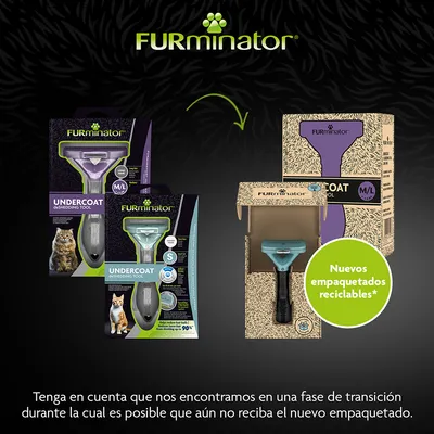 FURminator Undercoat deshedding tool en empaquetado antiguo y nuevo reciclable. Texto: Nuevos empaquetados reciclables*. Aviso de transición entre ambos tipos de envase.