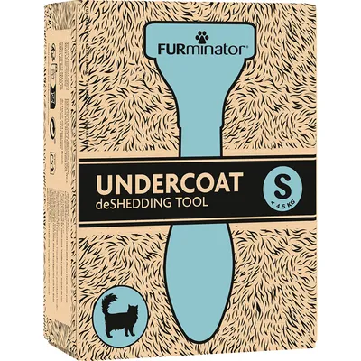 FURminator Undercoat deShedding Tool, velikost S, vhodné pro zvířata do 4,5 kg. Balení zobrazuje siluetu nástroje a kočku.