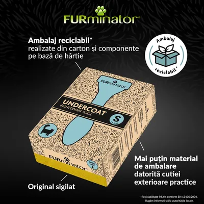 FURminator UNDERCOAT deShedding Tool, ambalaj reciclabil din carton și componente pe bază de hârtie, original sigilat, mărime S (≤9 kg), mai puțin material de ambalare datorită cutiei practice.