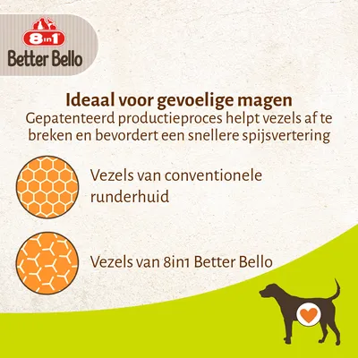 8in1 Better Bello. Ideaal voor gevoelige magen. Gepatenteerd productieproces helpt vezels af te breken en bevordert snellere spijsvertering. Vezels van conventionele runderhuid en 8in1 Better Bello.