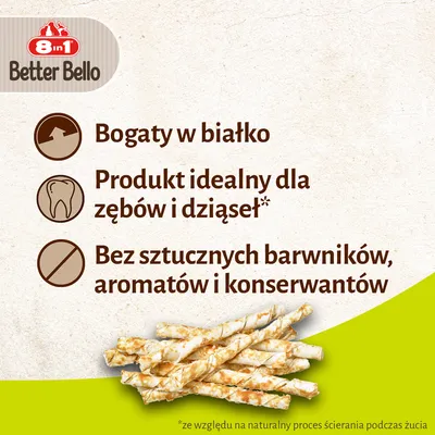 8in1 Better Bello. Bogaty w białko. Produkt idealny dla zębów i dziąseł. Bez sztucznych barwników, aromatów i konserwantów. Zdjęcie przekąsek w formie skręconych pałeczek.