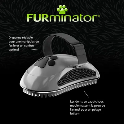 FURminator avec sangle réglable pour un confort optimal. Les dents en caoutchouc massent la peau pour une fourrure brillante. Illustration du produit avec description des fonctionnalités. FURminator avec sangle réglable pour un confort optimal. Les dents en caoutchouc massent la peau pour une fourrure brillante. Illustration du produit avec description des fonctionnalités.
