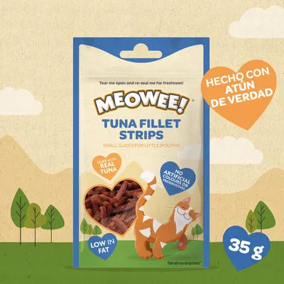 MEOWEE! Tuna Fillet Strips, tiras de filete de atún. Hecho con atún de verdad, bajo en grasa, sin colorantes ni conservantes artificiales. Peso: 35 g.