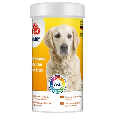 Opakowanie 8in1 Vitality Multivitamin Tablets for Adult Dogs, napisy: DAILY SUPPLEMENT A-Z, Multivitaminowe tabletki dla dorosłych psów, pojemność 70 g.
